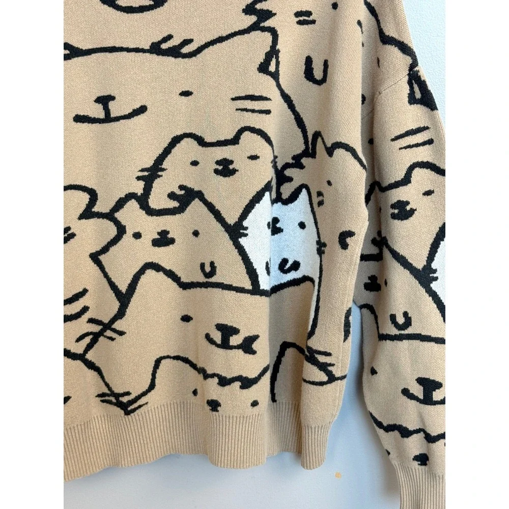 Cat Graphic Knit Sweater Tan Oversized Crewneck Feline Print XL Y2K Quirky